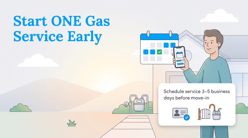 Man scheduling ONE Gas utility service on a smartphone outside his home.