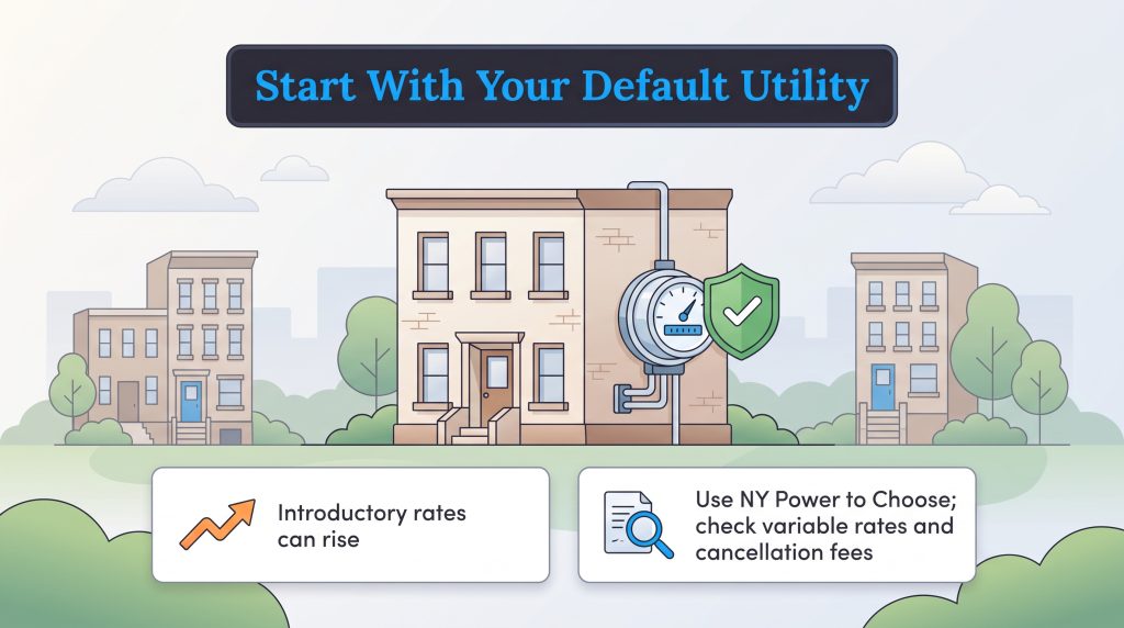 Illustration of a building with a protected utility meter and energy choice advice.
