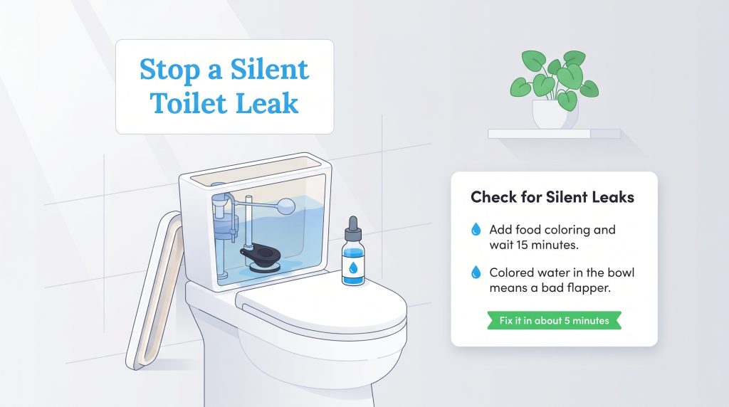 Diagram showing how to test for a toilet leak using food coloring in the tank.