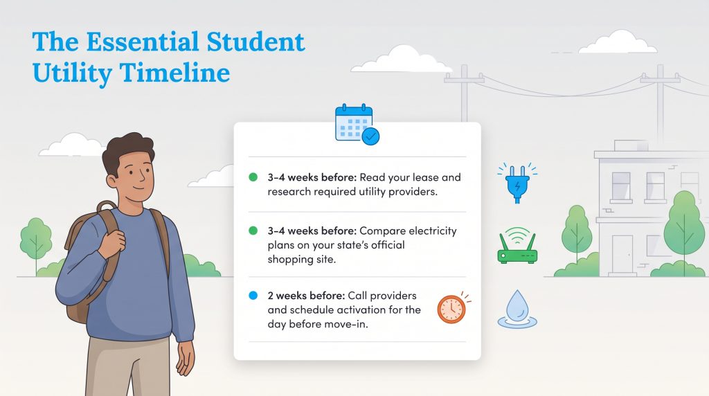 Timeline checklist for students to set up utilities before moving into their new apartment.