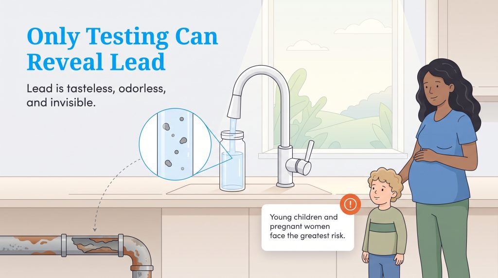 Illustration showing tap water tested for lead near a pregnant woman and child