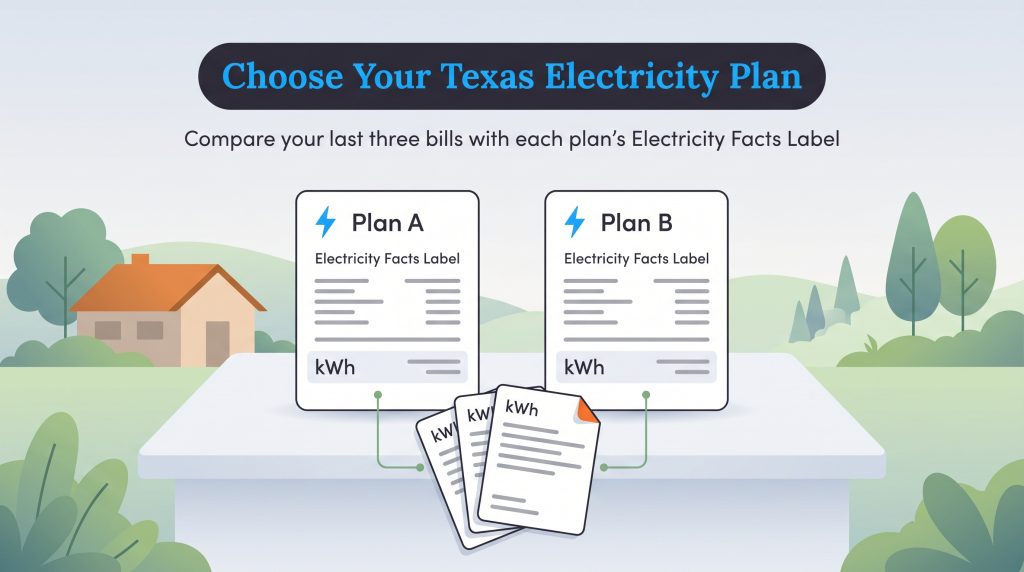 Illustration comparing Texas electricity plan labels with past utility bills.