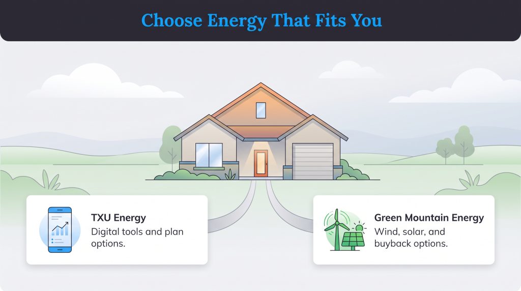 Illustration comparing TXU Energy and Green Mountain Energy options for a home