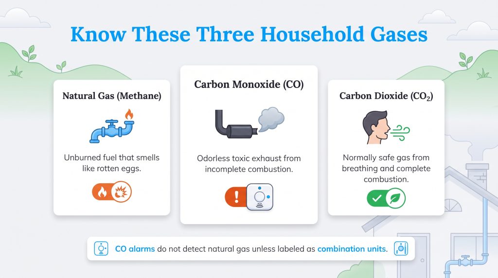 Comparison of household gases: natural gas, carbon monoxide, and carbon dioxide.