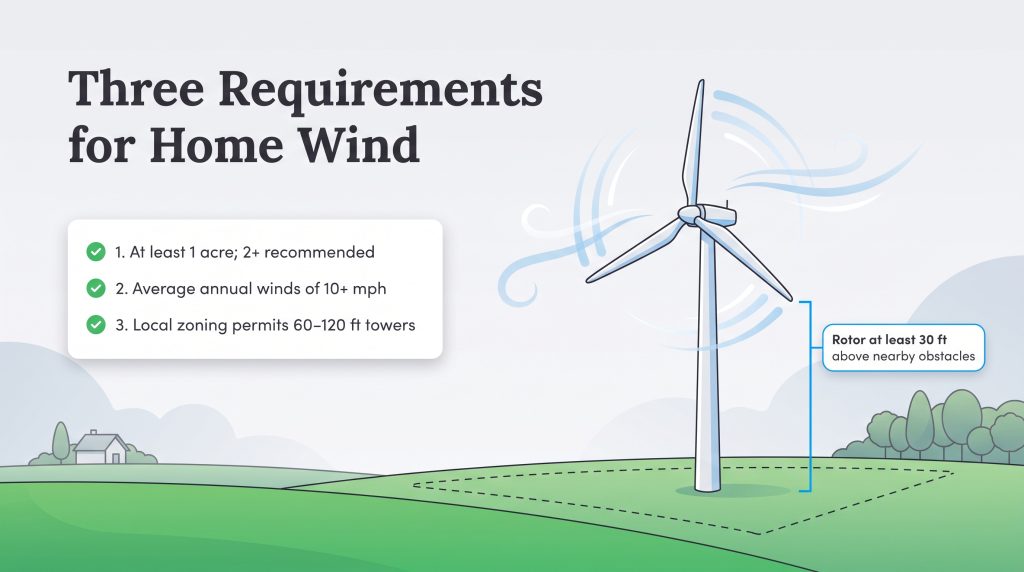 Graphic showing 3 requirements for home wind: land size, wind speed, and zoning permits.