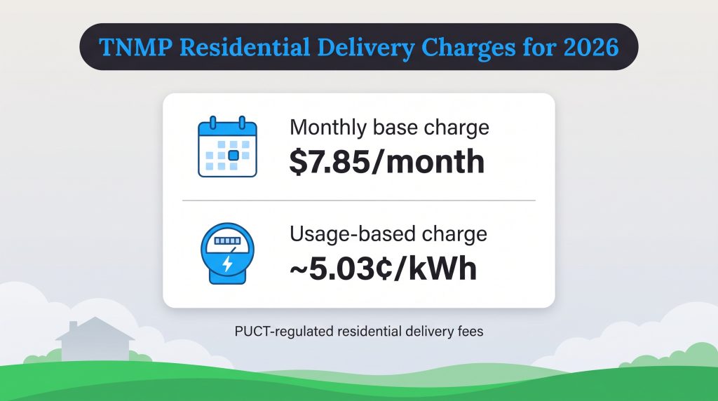 TNMP 2026 charges: Monthly base charge of $7.85 and usage-based charge of ~5.03 cents per kWh