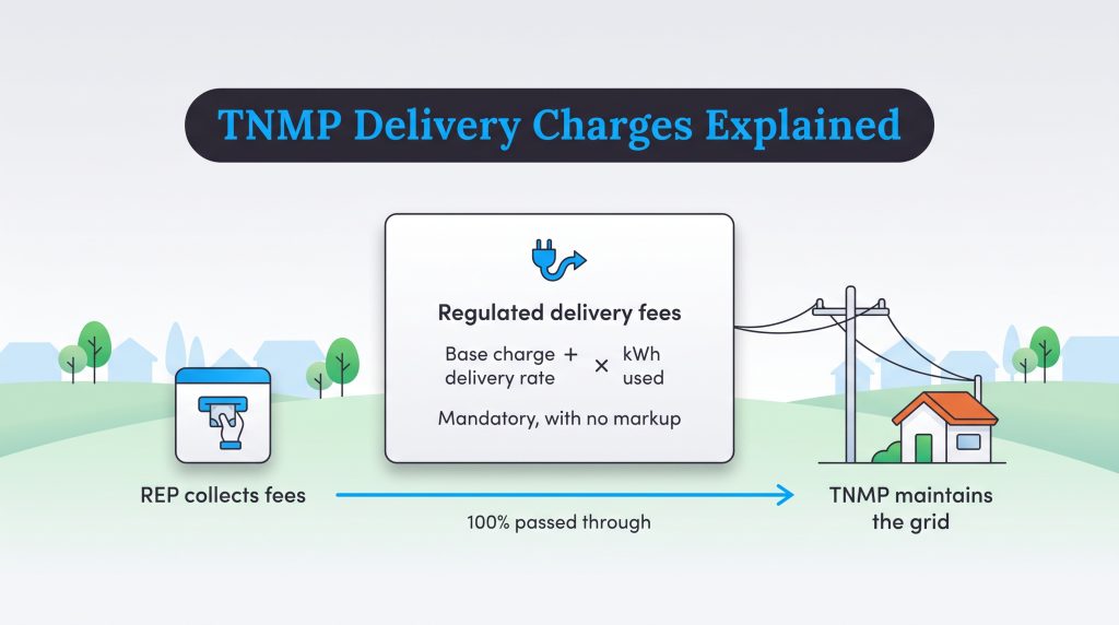 Flowchart showing how TNMP delivery charges are collected by REPs and passed to the utility