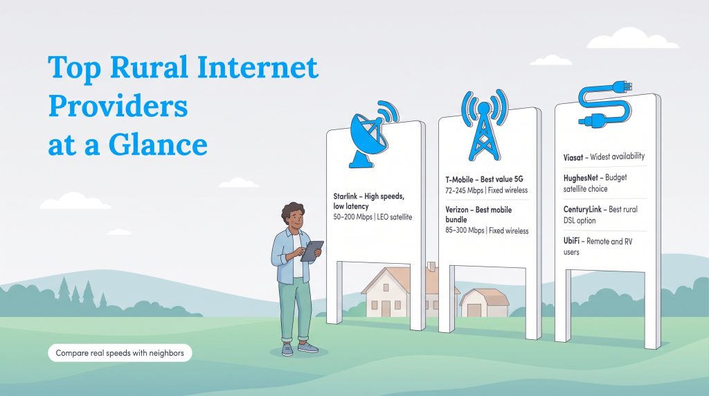 Comparison of top rural internet providers including Starlink, T-Mobile, Verizon, and others.