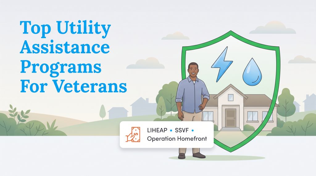 Graphic listing top utility assistance programs for veterans with a man standing near a house.