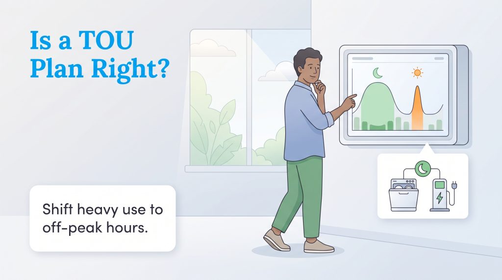 A man points to a smart energy display showing day and night electricity usage curves.