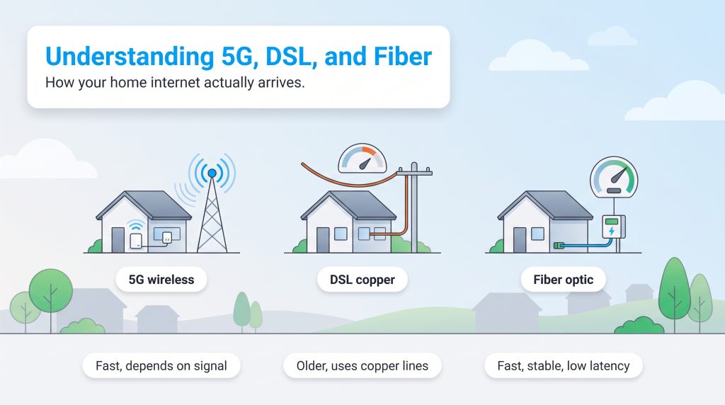 Diagram comparing 5G wireless, DSL copper, and fiber optic home internet connections.