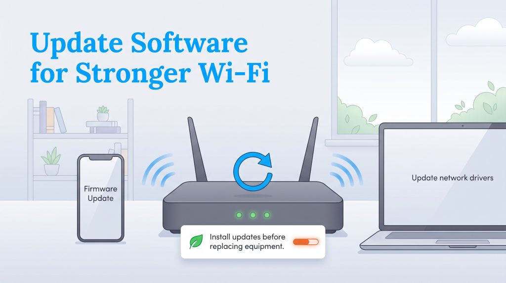 Illustration showing a router, smartphone, and laptop updating software for better Wi-Fi.