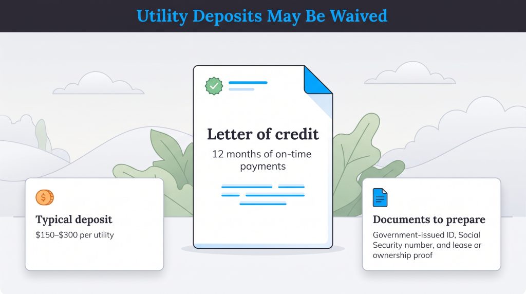 Graphic explaining utility deposit fees, letter of credit, and required documents.