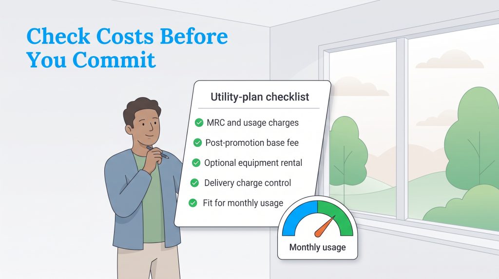 Illustration of a person reviewing a utility plan checklist to evaluate potential costs.