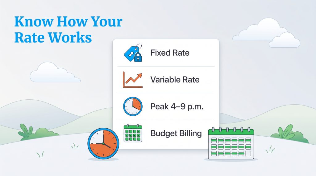 Graphic outlining utility rate plans Fixed Rate Variable Rate Peak hours and Budget Billing