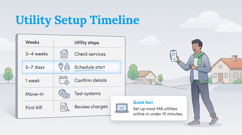 Timeline chart showing steps to set up utilities before, during, and after a move.