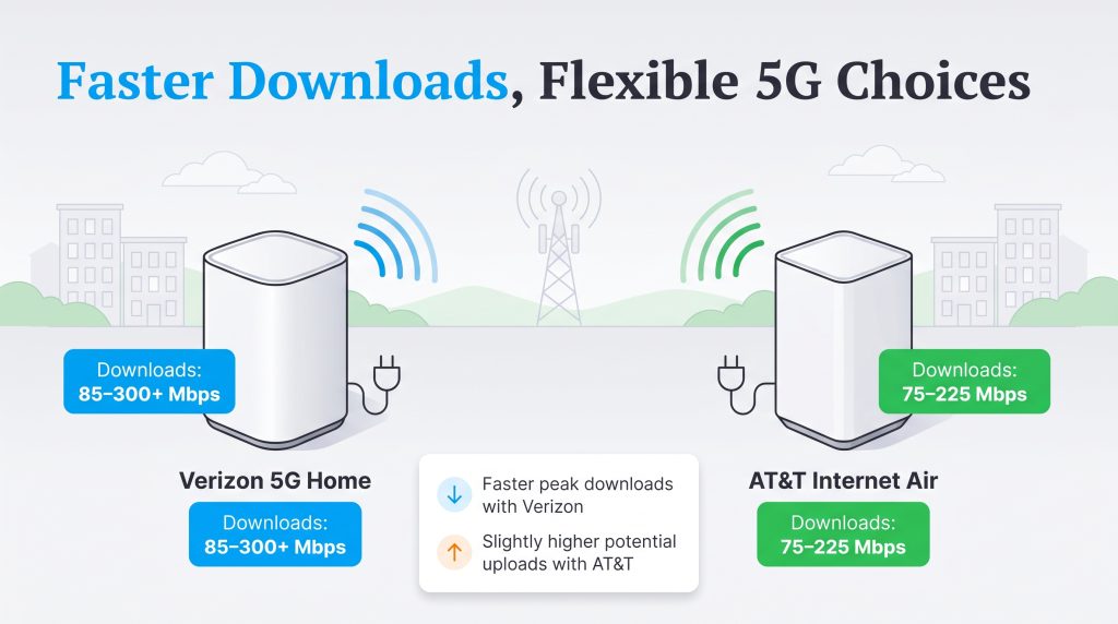 Comparison of download speeds for Verizon 5G Home Internet and AT&T Internet Air.