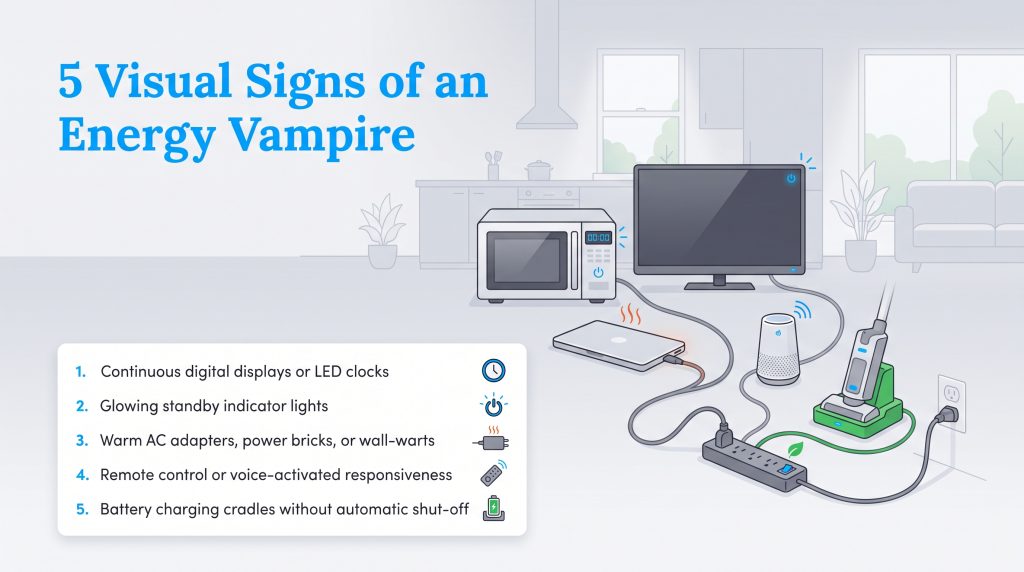 Graphic showing five visual signs of energy vampire appliances drawing power while off.
