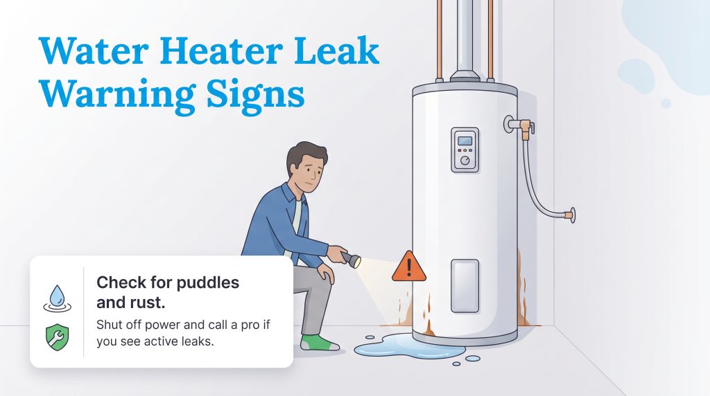 Illustration of a man inspecting a leaking water heater with a flashlight.