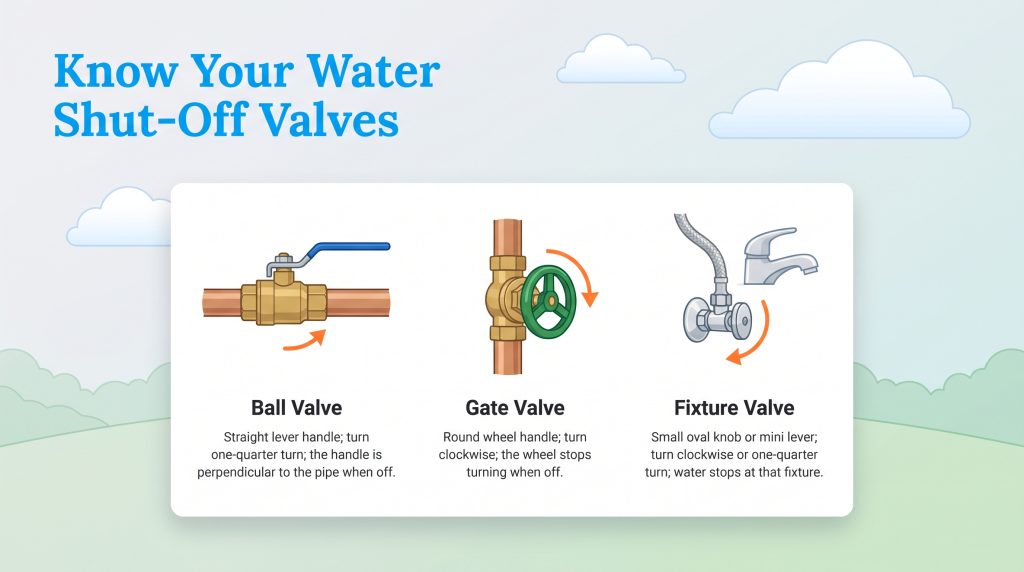 Diagram showing ball valve, gate valve, and fixture valve shut-off directions.