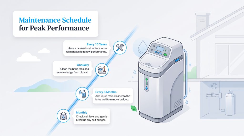 Water softener maintenance timeline showing monthly, six-month, annual, and ten-year tasks.