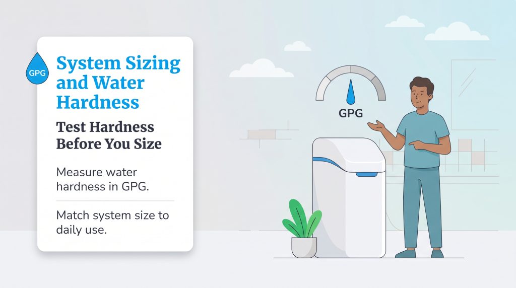 Illustration of a man next to a water softener with text on how to size a system using GPG.