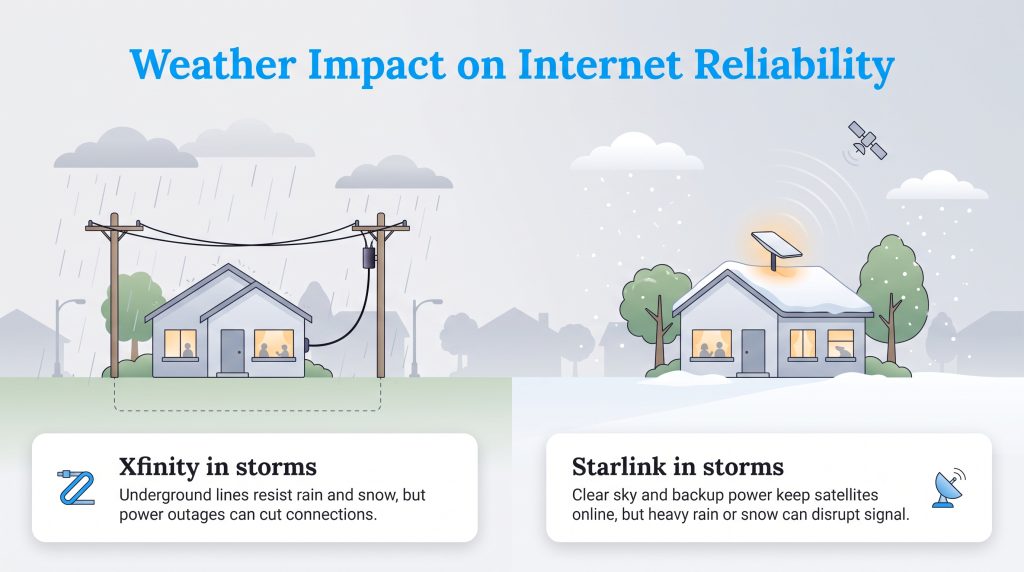 Comparison of Xfinity and Starlink internet reliability during rain and snow storms