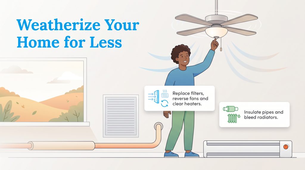 A person adjusts a ceiling fan switch alongside budget tips for home winterization.