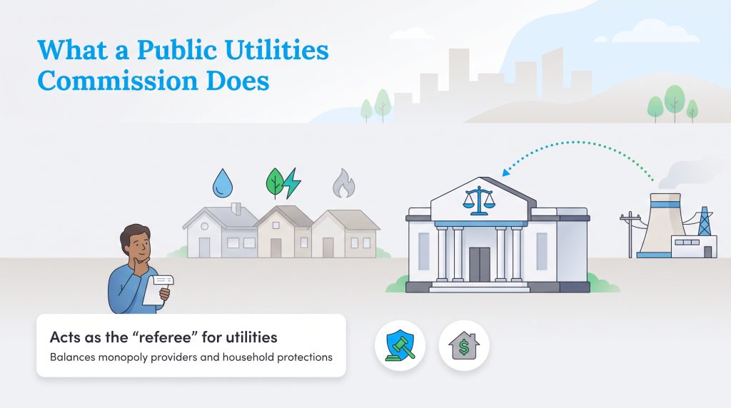 Illustration showing how a Public Utilities Commission regulates utility providers for households.