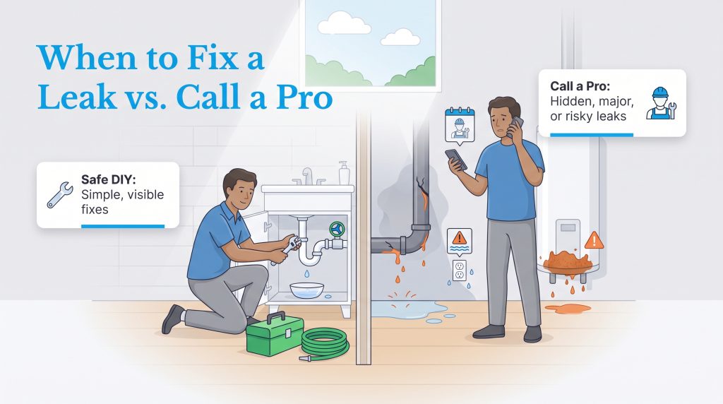 Illustration showing simple DIY sink repair vs calling a plumber for major water heater leaks.