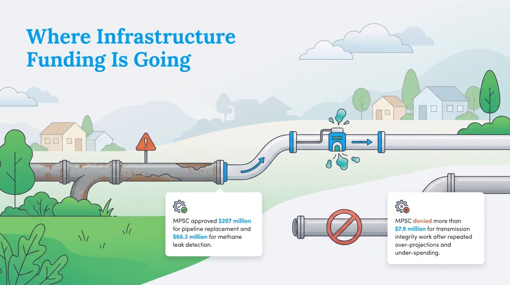 Illustration showing approved and denied utility pipeline infrastructure investments by MPSC.