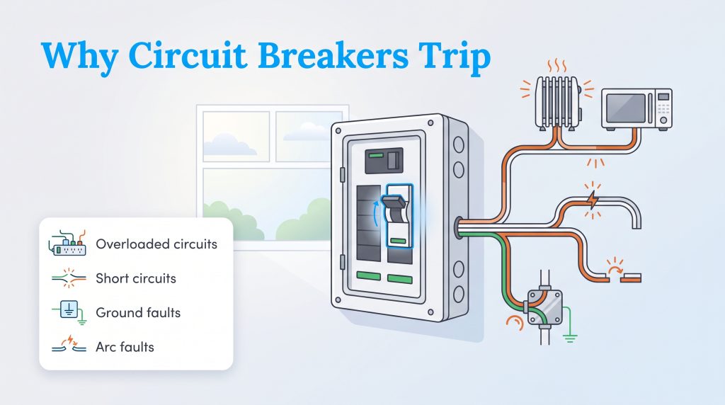 Diagram showing an electrical panel and four common causes of a tripped circuit breaker.
