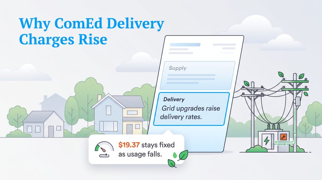 Graphic of an electric bill with delivery charges next to utility lines and a house.