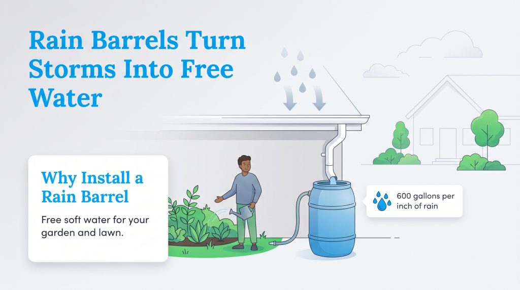 An illustration showing a rain barrel collecting roof runoff to water a garden