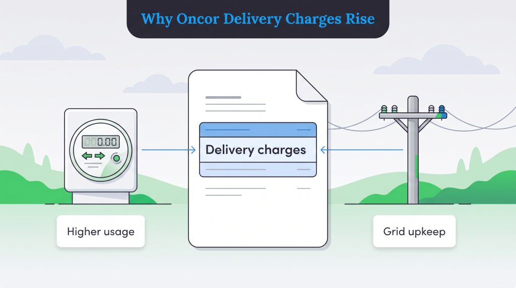Graphic illustrating how higher energy usage and grid upkeep drive up Oncor delivery charges.