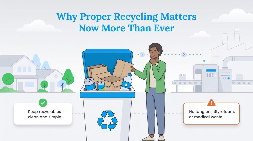 Illustration of a person sorting recyclables into a bin with rules on what to exclude.