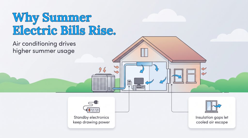 House diagram illustrating causes of high summer electric bills like AC and insulation gaps.