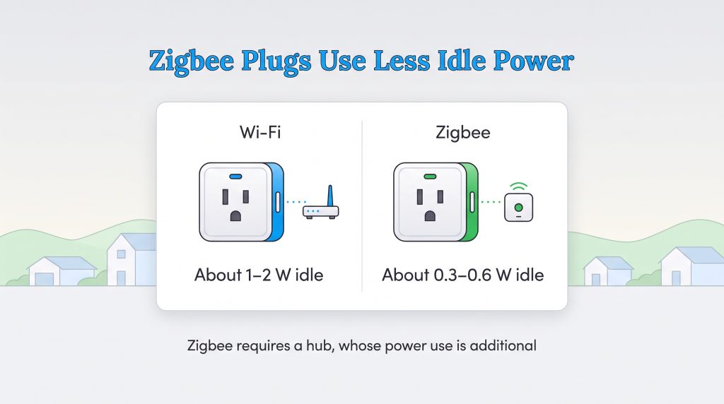 Comparison of Wi-Fi plugs using 1 to 2W idle vs Zigbee plugs using 0.3 to 0.6W idle.