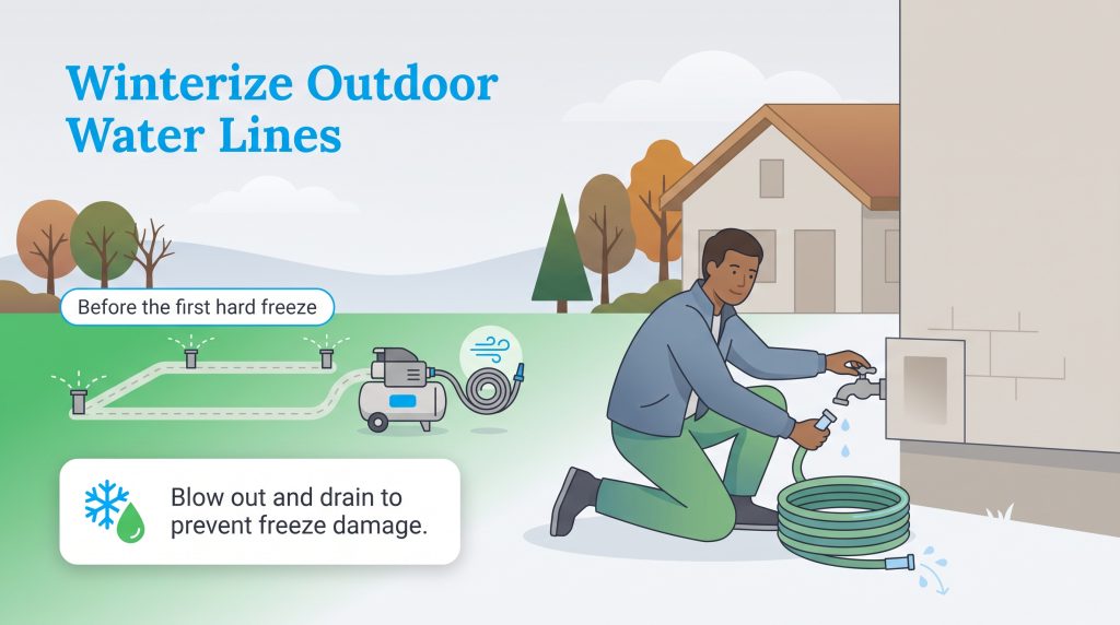 A man disconnects an outdoor garden hose while a diagram shows a sprinkler line blowout