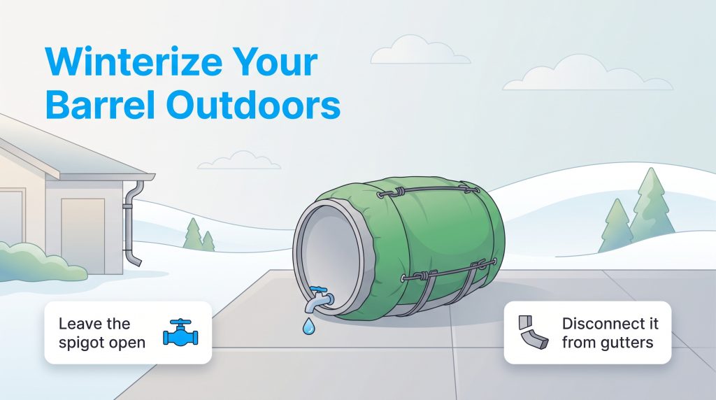 An outdoor rain barrel wrapped in a green cover with its spigot open during winter.