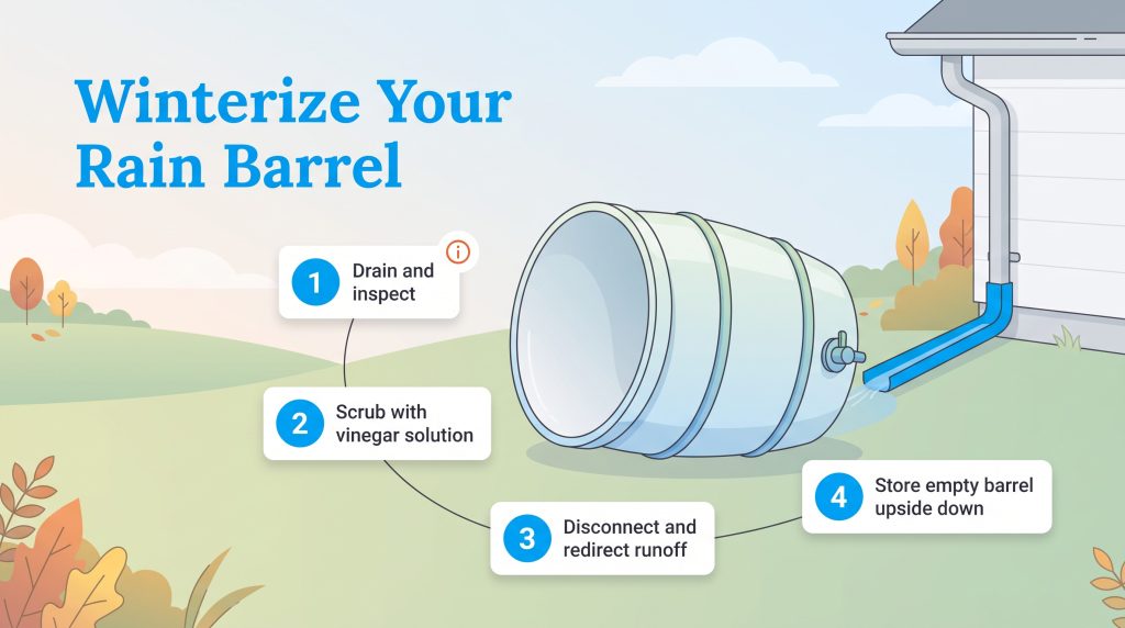 Four-step guide for draining, cleaning, disconnecting, and storing a rain barrel for winter.