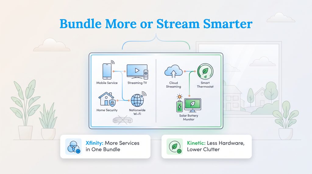 Graphic comparing Xfinity all-in-one bundles to Kinetic streamlined smart home setup.